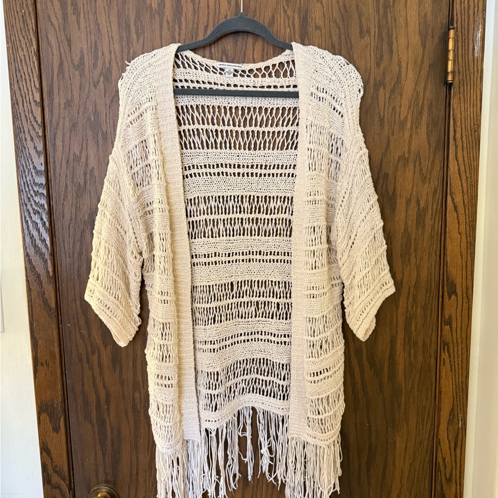 3 for $15 American Eagle Cream Crochet Fringe Cardigan Vacation Boho Oversized